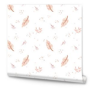 Lovely seamless pattern in boho style. Pink feathers and floral elements on the whitebackground. Tribal feather cartoon illustration. Indian ethnic ornament. Cute scandinavian kids print.