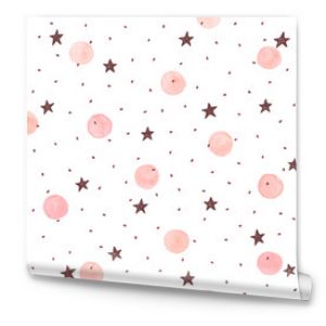 Watercolor texture in pastel colors. Hand drawn seamless abstract background for print on fabric or wrapping paper. Watercolor spots with black stars and dots isolated on white background.