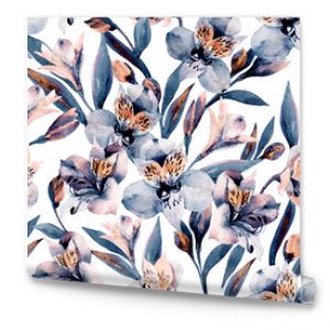 Moody watercolor alstroemeria flowers seamless pattern.