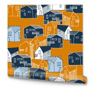 Seamless pattern with townscape in navy-blue and ochre color palette. Small houses in urban landscape for surface design and other design projects