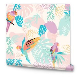 Abstract art seamless pattern with parrots and tropical leaves. Modern exotic design