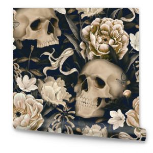 Vintage floral seamless wallpaper with skulls, peonies, butterflies. Dark botanical background. Repeating pattern for design of fabric, paper, wallpaper, canvas. Hand drawn 3d illustration