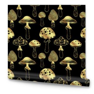 Magic mushrooms golden seamless pattern. Psychedelic hallucination. 60s hippie colorful art. Vintage psychedelic textile, fabric, wrapping, wallpaper. Vector repeating illustration.