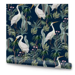 Seamless pattern in chinoiserie style with storks, birds and peonies. Vector,