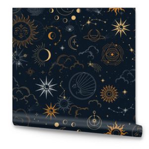 Vector magic seamless pattern with constellations, sun, moon, magic eyes, clouds and stars. Mystical esoteric background for design of fabric, packaging, astrology, phone case, yoga mat, notebook