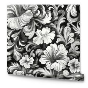 A detailed floral design featuring large white flowers and intricate swirls on a dark background.