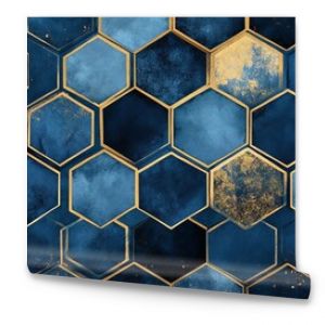 Elegant watercolor geometric hexagon pattern in dark blue and gold hues for modern decor