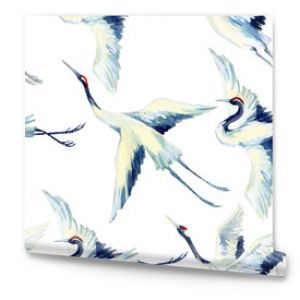 Watercolor asian crane bird seamless pattern