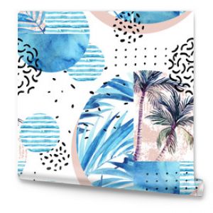 Watercolor tropical floral geometric shapes seamless pattern.