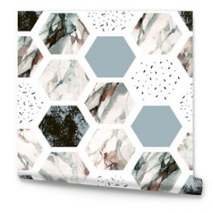 Watercolor hexagon with stripes, water color marble, grained, grunge, paper textures.