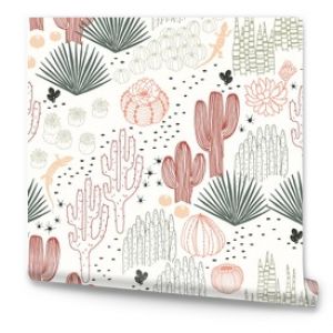 Mexican seamless pattern with cacti, succulents and lizards, wilderness, environment, landscape. Vector hand drawn illustration in vintage style on ivory background.