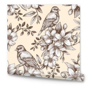 Graphic seamless pattern with birds and flowering branches. Hand drawing with ink and pen.