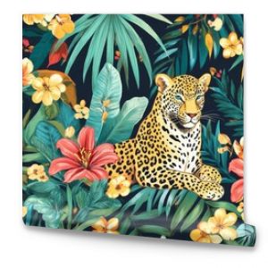 2408 8.Leopard and tropical foliage seamless print: A jungle-themed pattern with leopards lounging under palm trees surrounded by exotic flowers and leaves. The vibrant hand-drawn wild animals and