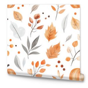 A seamless pattern with pumpkins, autumn berries, and leaves on a light background. Great for seasonal designs, textiles, and home decor.