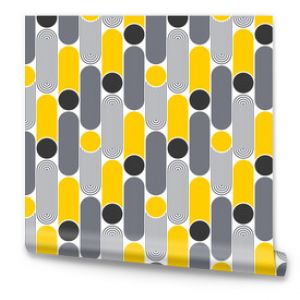 Geometric seamless pattern. Abstract background yellow, grey circles. Colorful ornament with rounded shapes. Repeating texture. Vector illustration. Design paper, wallpaper, textile, fabric.