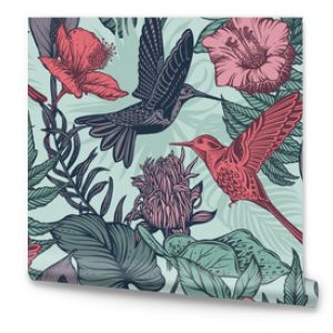 Beautiful seamless pattern with tropical flowers, hummingbird, jungle palm, monstera, exotic leaves.