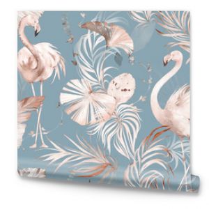 seamless watercolor pattern with tropical leaves, branches. Botanical tile with flamingo, background.