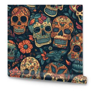 seamless pattern with skulls and flowers on a background. Generative AI illustration