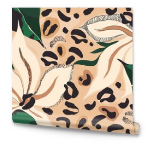 Modern exotic pattern with leopard skin. Creative collage contemporary floral seamless pattern. Fashionable template for design.