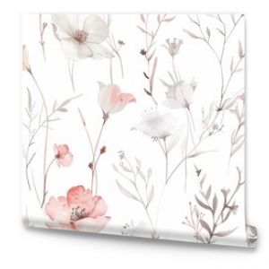 Minimalist watercolor seamless pattern of fine-lined wildflowers and leaves, creating a delicate and airy floral nature scene