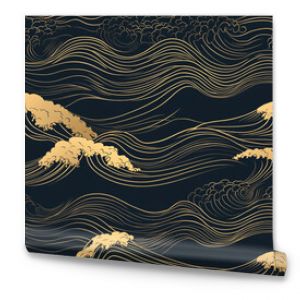 A golden and black pattern of Japanese waves, with the background being dark blue. 