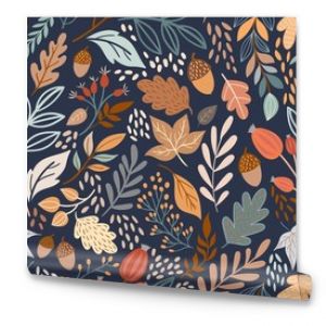 Autumn seamless pattern with different leaves and plants, seasonal colors