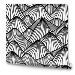 Abstract black and white wave seamless pattern illustration. Vintage Asian ocean water background. Seamless pattern of swirls of waves, peaks of mountains.  Brush-drawn wave seamless pattern. 