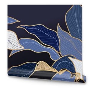 Luxury blue leaf background vector with golden metallic decorate wall art