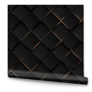 Luxury abstract black metal background with golden light lines. Dark 3d geometric texture illustration. Bright grid pattern. Pure black horizontal banner wallpaper. Elegant BG. Square diamond tiles