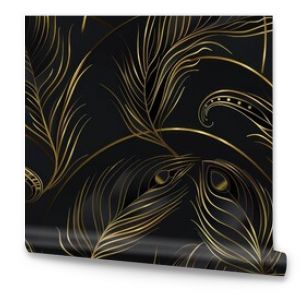 Elegant black and gold seamless pattern featuring intricate peacock feathers, perfect for luxury fashion and stylish decor backgrounds.