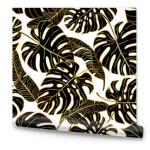 Gold and black seamless pattern with different tropical leaves. Vector illustration.