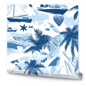 Tropical beach pattern with boats and palm trees seamless tiled