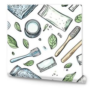 Hand drawn seamless pattern featuring a collection of zero waste bathroom essentials and eco friendly items like bamboo toothbrushes reusable towels and other sustainable household products