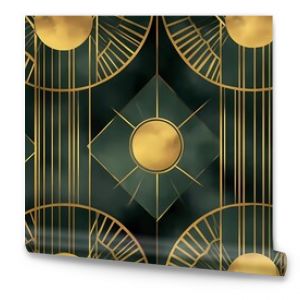 Art deco pattern with gold lines on a dark green background, a seamless wallpaper design for wall art decoration and interior murals.