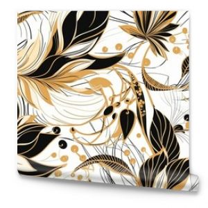 Sophisticated and stylish abstract floral shapes in shades of black and gold, on white background, seamless pattern texture Generative AI