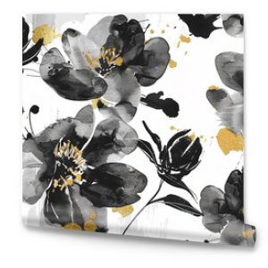 Black and white floral seamless pattern with gold accents, creating an elegant tile ornament for luxury decoration and design.