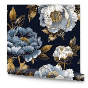 Elegant seamless pattern featuring luxurious peony blossoms with gold detailing on a deep navy background, creating a rich, sophisticated look