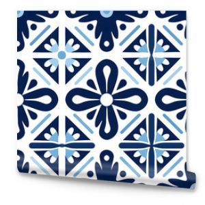 Vintage Blue Tile geometric seamless pattern design with ornamental element. Traditional Portuguese azulejo motifs.