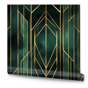 Art deco pattern with gold lines on a dark green background, a seamless wallpaper design for wall art decoration and interior murals.