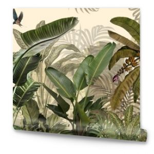 Tropical plants wallpaper design, Jungle background, big leaf and bird, back yard, landscape, mural art.