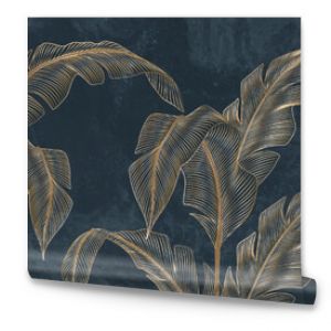 Abstract luxury art background with tropical palm leaves in blue and green colors with golden art line style. Botanical banner with exotic plants for wallpaper design, decor, print, textile