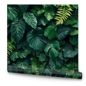 Dark green plants growing in a lush foliage background of tropical leaves like anthurium, epiphytes, or ferns, forming a beautiful green plant wall design in a cloud forest.