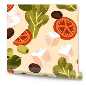 Seamless vegetable salad pattern. Fresh lettuce, olive, tomato and feta. Mediterranean cuisine, endless background, repeating print. Healthy ingredients, Italian kitchen. Flat vector illustration