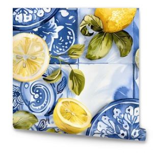 A seamless pattern of lemons and blue and white tiles. The lemons are yellow and have green leaves. The tiles are blue and white and have a floral design.