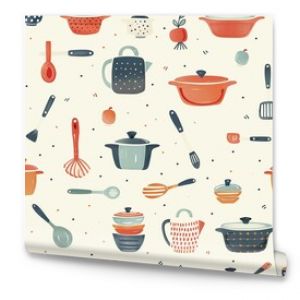 A detailed drawing of a toy kitchen set, with pots, pans, and utensils, inviting children to explore the joys of cooking and pretend play. Minimal pattern banner wallpaper, simple background,