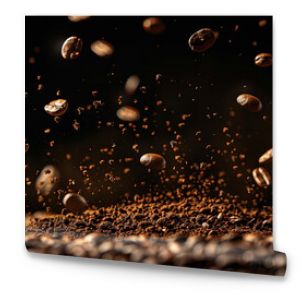 flying coffee beans in dark background