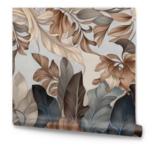 Wallpaper with brown and gold leaves. Light gray marble background. Photo wallpaper in a modern style.