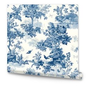 Toile pattern with tree. toile de jouy seamless pattern. Blue and white toile pattern with a watercolor effect. perfect for wallpaper or fabric design. Tile pattern