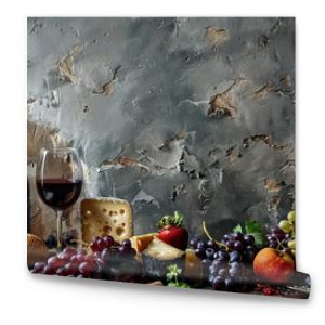 Rustic still life with wine, cheese, grapes, and assorted fruits displayed on a wooden table against a textured wall.