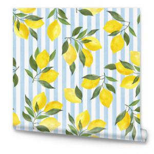 Lemon summer pattern on blue stripes background